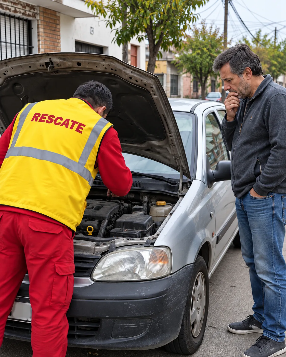 Técnico de Rescate revisando el motor de un auto con años