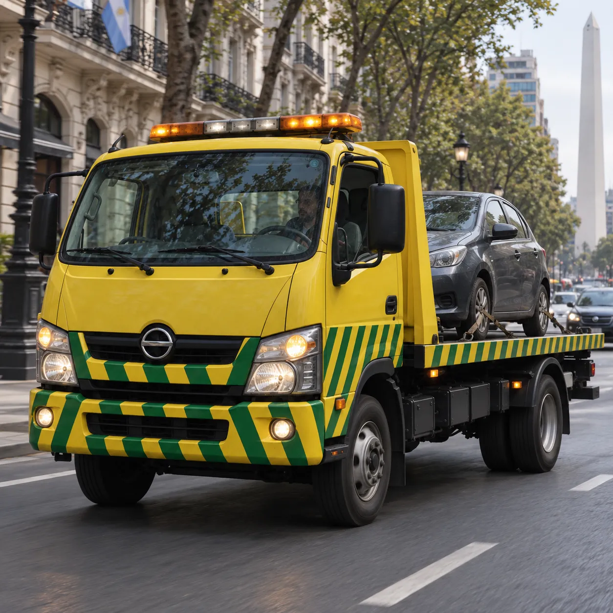 Grúa de Rescate con un auto cargado frente al Obelisco