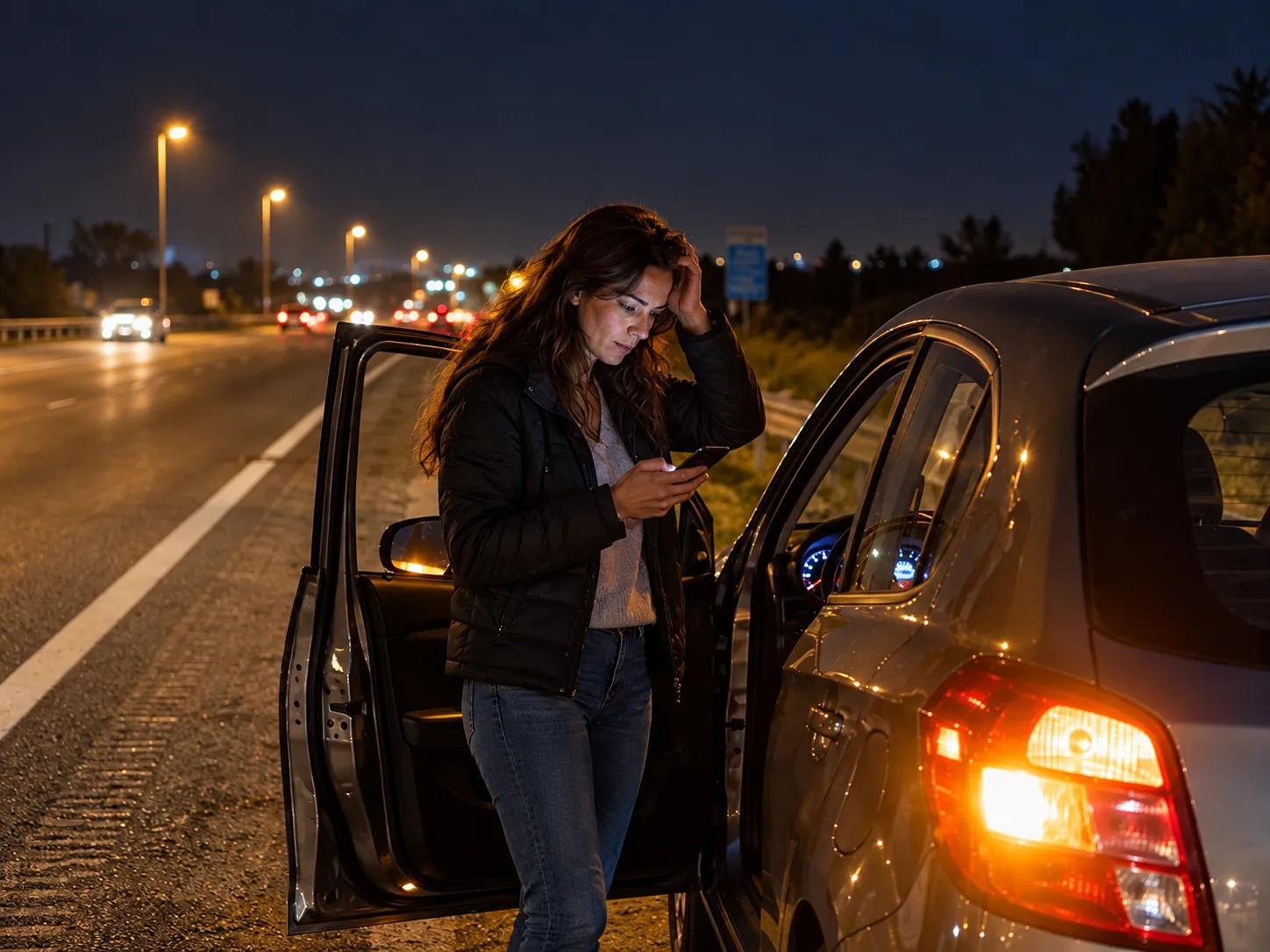 Mujer preocupada junto a su auto de noche en la autopista