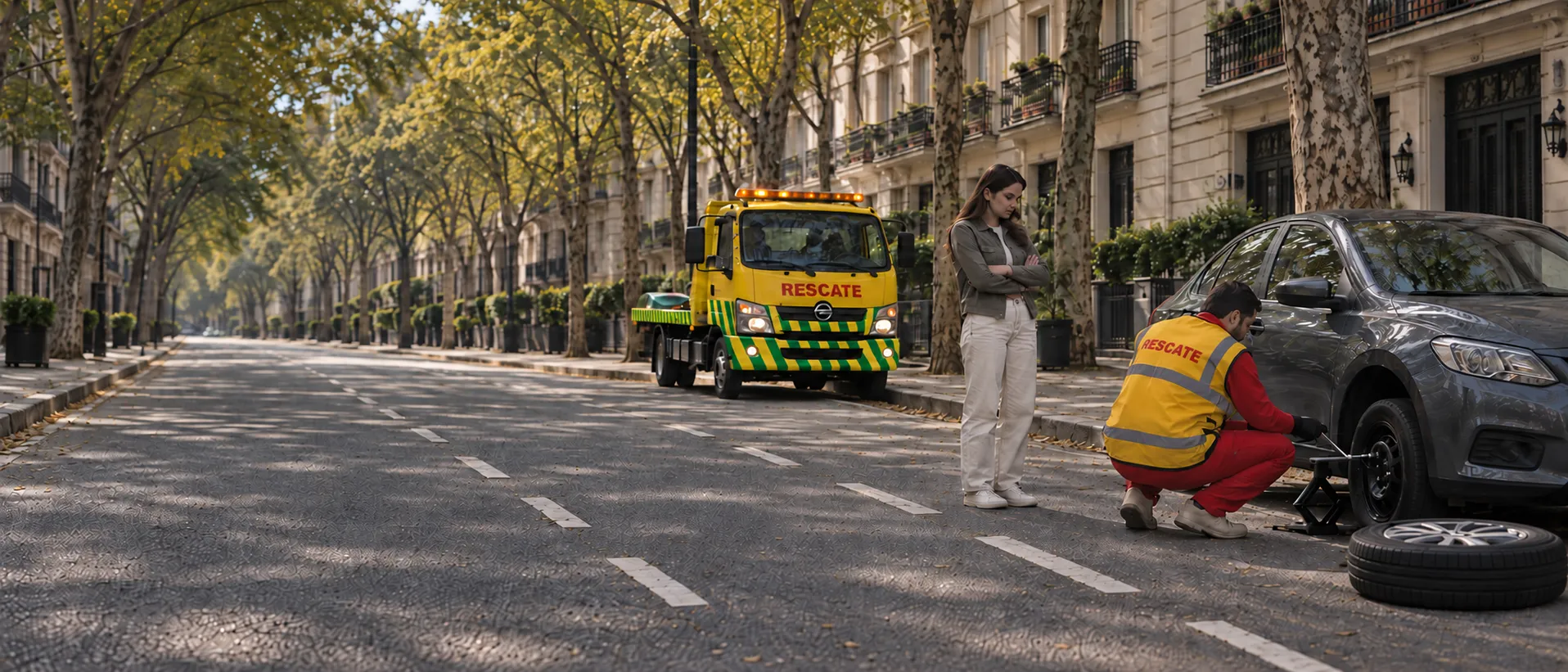 Técnico de Rescate cambiando una rueda pinchada